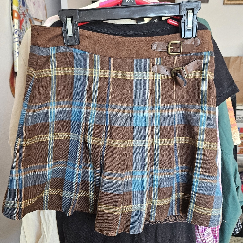 Brown and Blue Plaid Skirt with Buckle Detail